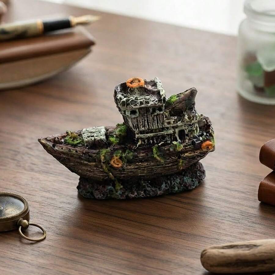 Dekorasi Kapal Karam Klasik, Cocok untuk Akuarium dan Terarium Meja, Dekorasi Lanskap Resin Buatan Tangan