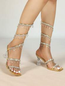 Women's Square Toe Crystal High Heel Sandals With Rhinestone Snake Wrap Strap, Elegant Fashion Open Toe Summer Autumn Minimalist Basic Style - Gold - View 9