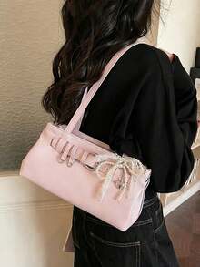 Stylish PU Shoulder Bag Alace Pearl Bow Charm. Perfect Everyday Commutes Working Professionals, Sweet Dates Shopping Trips Women, Short Vacations. - Pink - View 5