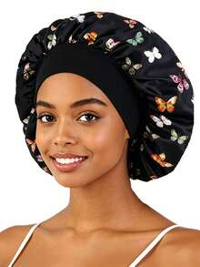 1pc Butterfly Print Cute Bohemian Style Sleep Cap, Shower Cap, Silk Hair Care Bonnet, Suitable For Curly / Natural Braided / Straight Hair, Unisex - Multicolor - View 2
