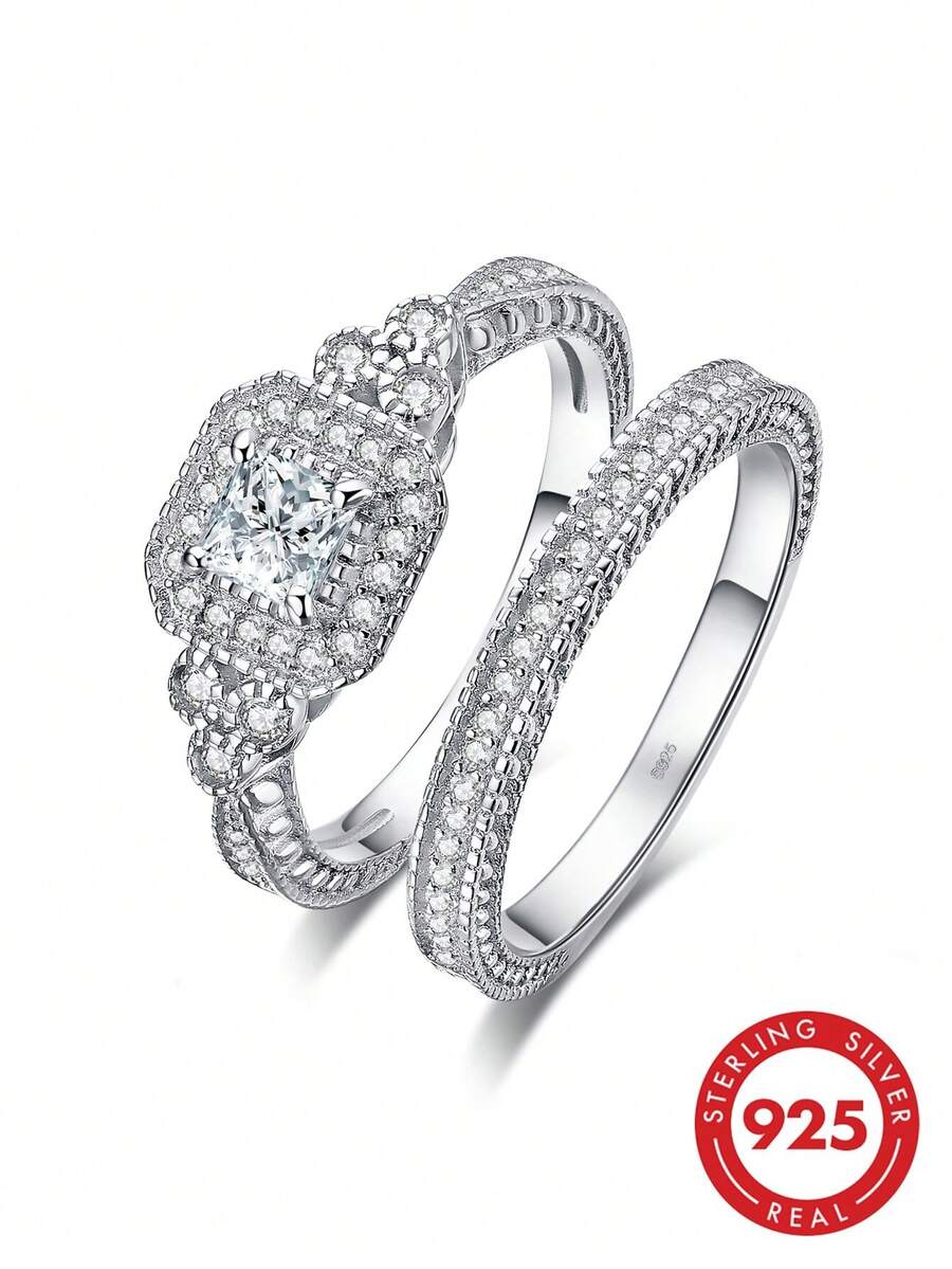 1 buah Cincin Pertunangan Set 2-in-1 Perak Sterling 925 Mewah Elegan dengan Batu Utama Persegi dan Pola Bunga - Perak - View 1