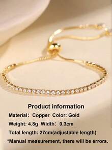 1pc Zirconia Inlaid Single Row High Quality Bracelet, Women's Fashion Simple Personalized Adjustable Pull-Cord Versatile Bracelet - Gold - View 2