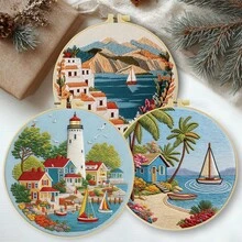 1PC 20*20cm/7.9*7.9in,Houses On Islands Embroidery Kit, DIY Handmade Embroidery Set For Adult Beginners, Home Gift, Women's Sewing Gift, Including User Manual, Printed Pattern Fabric, Embroidery Frame, Needle And Thread. - Seaside Town - View 3