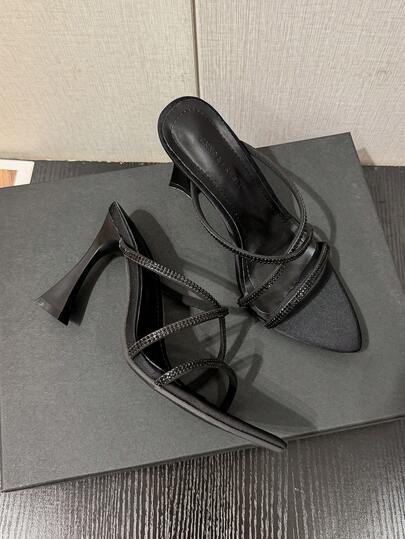 Sandalias de tacón alto con punta puntiaguda y strass negro, tiras finas con strass completo, tacón grueso asimétrico acampanado, zapatos mule elegantes para fiesta