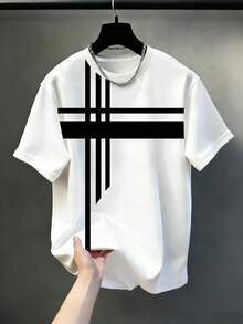 2pcs Plus Size Men's Pure White Base Black Geometric Horizontal & Vertical Intertwined Line Print Crew Neck Short Sleeve T-Shirt, Loose Fit Sports - Black and White - View 3
