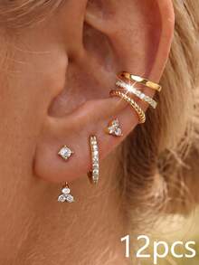 6/12pcs Exquisite Dazzling Earring Sets Earrings Stack Stack Golden Silvery Rhinestone Flower Hoop Cuff Stud Women Party Jewelry Gifts - Earring Set - View 7
