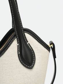 Dedoo Two Tone Canvas PU Bucket Handbag, Color Block Top Handle Crossbody Purse, Minimalist Daily Shoulder Bag For Back To School Work Shopping - Black - View 6