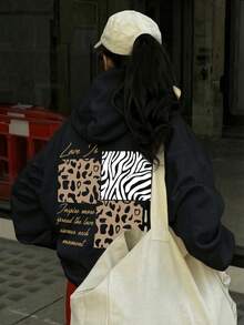 Women's Hooded Sweatshirt, Autumn/Winter New Letter Print, Drawstring Design, With Pockets, Casual Versatile Loose Top, Fashionable Daily Wear - Black - View 2
