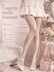 1 Pair Women's White Floral Lace Fishnet Tights, Elegant Sheer Mesh Hollow Out Pantyhose, Decorated With Romantic Floral Pattern, Soft Elastic Lace Socks, Suitable For Playful Outfits, Ballet Style, Bridesmaid Party, Date Night, Graduation Ball, Wedding Guest, Pair With Skirts And Dresses, Photogenic Fashion Leg Accessory - A - View 2