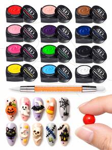 TWOING 12 Colors Halloween 3D 4D Sculpture Gel Kit With Nail Art Pen, Non-Sticky Soak Off Carving And Sculpting Gel, Firm Texture Embossed Painting Gel For Pumpkin Ghost Spider Web DIY Nail Design Salon Home Decoration - 彩色 - 查看 1
