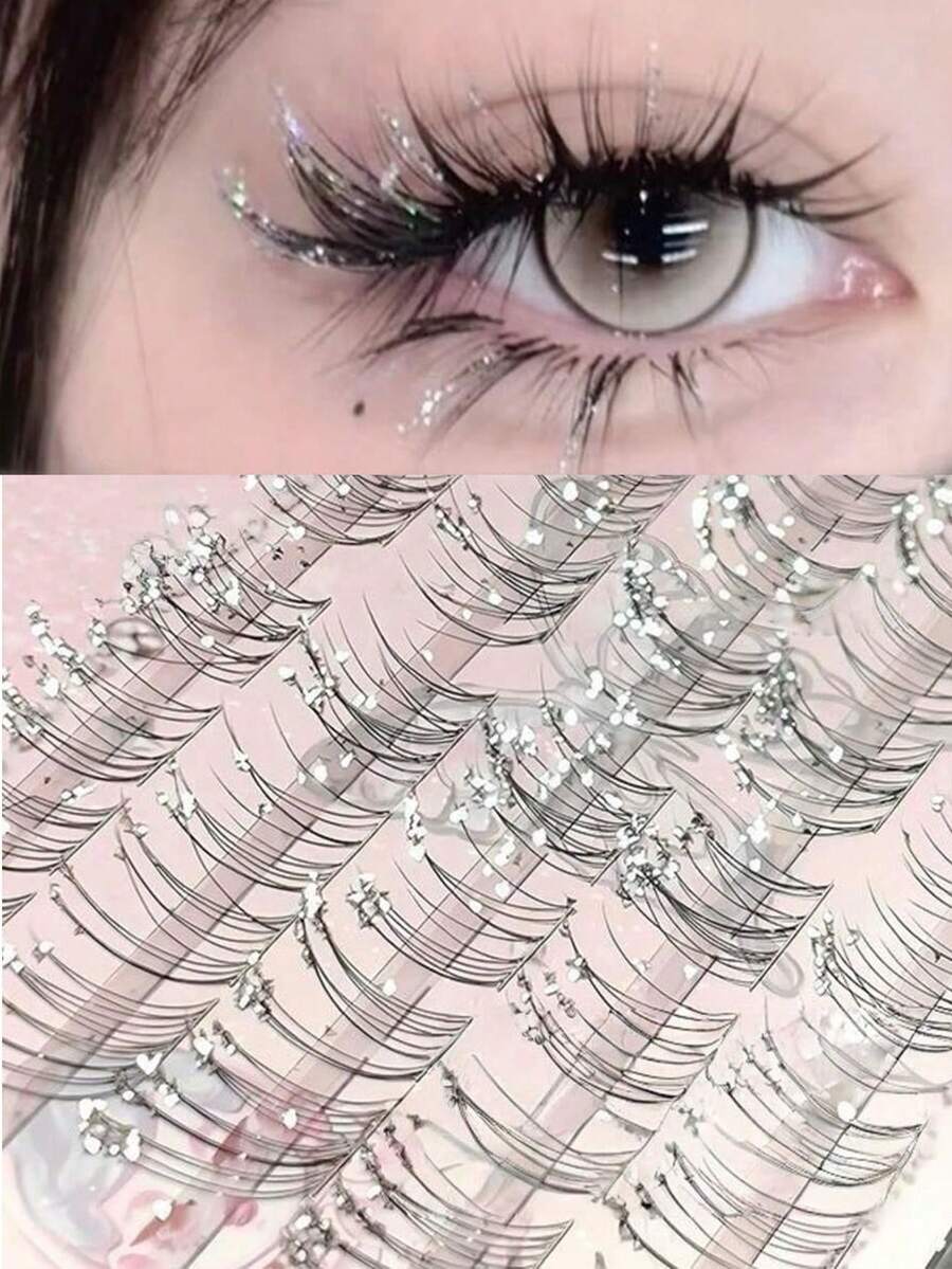 Cool Fox Style False Eyelashes Filled With Starry Fine Glitter & Crushed Diamond, Perfect For Photoshoots, Cosplay, Christmas & Everyday Natural Look