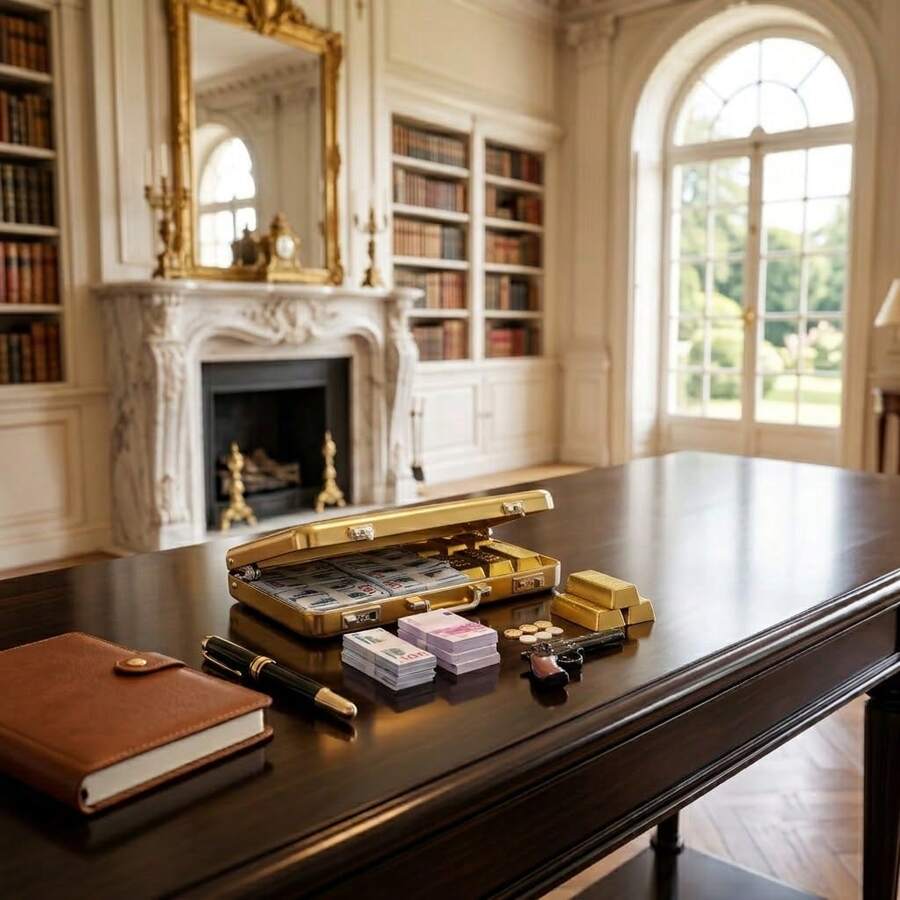 Exquisite Miniature Golden Deposit Box Model, Containing Miniature Gold And Silver Coins, Gold Bar Models And Banknote Model Ornaments, Suitable For Dollhouse Miniature Scenes, Home Decor, And Collection Display, And Also Makes A Great Gift. - A - View 1