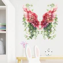 Bohemian Floral Green Plant Pink Angel Wings Wall Sticker, Vintage Watercolor Feather Vine Wall Sticker, Self-Adhesive Art Wallpaper Suitable For Bedroom/Living Room/Door/Sofa Background/Living Room Background Photo Booth Decoration, Christmas/Holiday Party Atmosphere Decor - Wall Sticker - View 4