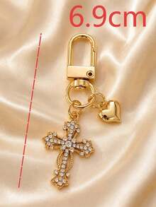 1 Set 2pcs Women's Minimalist Rhinestone Cross & Heart Pendant Keychain, Fashion Elegant Feng Shui Crystal Heart Exquisite Gift Earphone Case Key Ring Accessory - Multicolor - View 3