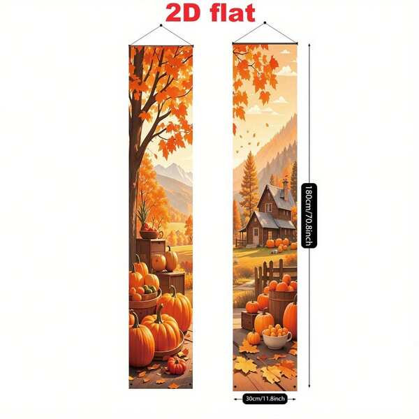2D Porch Banner, 2pcs Thanksgiving Autumn Decor Banners, Orange-Red Maple Leaves, Pumpkin, Pine Tree, Fence, Fallen Leaves Decorative Banners, Halloween Decor, Fall Decor, Room Decor