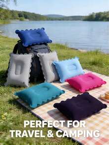 PVC Flocked Inflatable Pillow, Super Soft Foldable Air Pillow For Travel, Camping, Back To School, Easy Inflation, Camping Sleeping Bag Nap Pillow, Hiking Backpack Inflatable Pillow, Self-Inflating Rectangular Pad, Fabric Soft Neck And Waist Support Pillow - Multicolor - View 10
