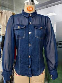 Women's Denim Fabric & Mesh Patchwork Shirt, Long Sheer Puff Sleeves, Button-Down With Fake Chest Pockets, Slim Fit Casual Top For Everyday Wear - 藏蓝色 - 查看 3