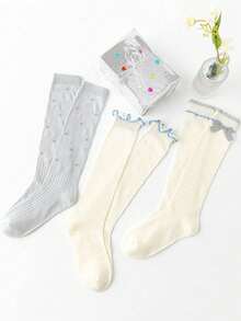 3 Pairs Girls' Knee-High Socks For Spring, Summer And Autumn, Gray And White Princess Bow Design, Preppy Style, Long Socks For Teenage Girls - Multicolor - View 7