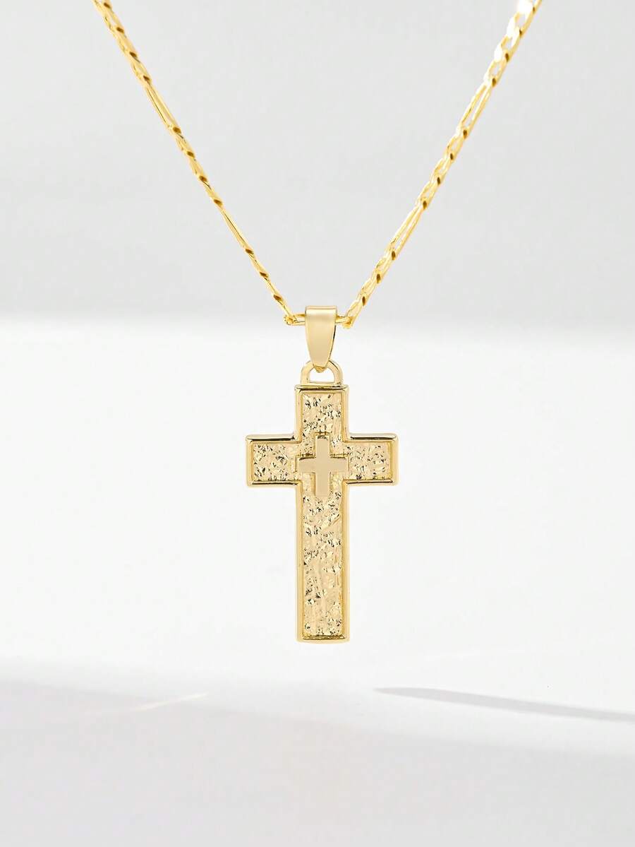 1PC European & American Classic Style Copper Layered Large Vintage Gold Double Cross Guardian Light Limited Edition Pendant Necklace, Suitable For Christmas/Thanksgiving/Halloween/Mother's Day/Valentine's Day Couples/Friends/Fellow Believers Gift, Catholic First Communion, Gift, Daily & Holiday Wear Prayer
