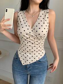 abyoxi 女款米色波點無袖裹身V領側抓褶不對稱下擺短版上衣，度假風 - 杏黑色 - 查看 3