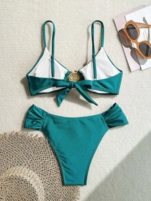 Women's Solid Color Shiny Fabric Metal Decor Spaghetti Strap Bikini Two Pieces Set Summer Vacation Beach - Green - View 2