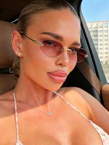 1pc Vintage Frameless Metal Oval Small Frame Gradient Women's Fashion Glasses, Casual Fashion Daily Commute Accessory - Gradient Pink - View 2