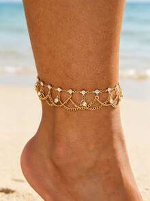 1件夏季清新精緻奢華高端波希米亞度假風閃亮流蘇吊墜腳鍊 女款 - 金黃色 - 查看 1