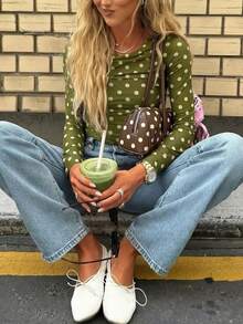 Women Green Polka Dot Slim Long Sleeve Top Cowl Neck Soft Tee Fall Back To School Inner - Green - View 5