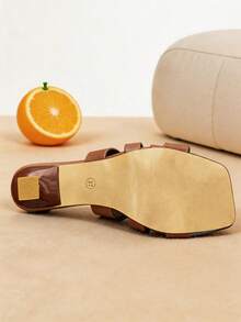 A Pair Of Women Heeled Sandals Cross Strap Square Toe Block Heel PU Minimalist White Casual Work Style - Brown - View 8