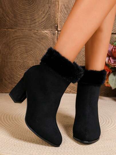 1 par de botas de tobillo de tacón grueso elegantes de unicolor para mujer, nuevas de otoño/invierno, de ante con cremallera trasera, botas exquisitas
