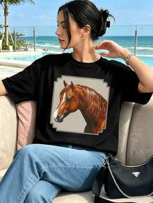Women's Vintage Horse Print T-Shirt, Spring Casual, Breathable, Unique Graphic Print. - Black - View 6
