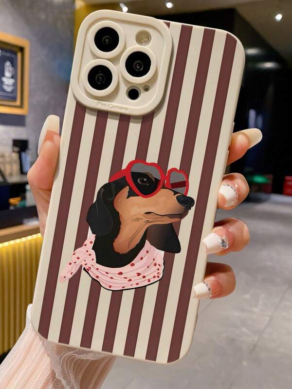 Striped Cartoon Dog Perforated Rice Color Painted Fashion Creative Anti-Drop Phone Case Suitable For Ip 17/Ip 17pro/Ip 17promax/IP16/11/16pro/16plus/16promax/16e/15Promax/13/14/12/XS/XR/7G/8P, Suitable For Samsung Galaxy S26/S26PLUS/S26 UltraS25/S25PLUS/S25 Ultra/A16/A36/A26/A56/A50/A12/A32/A52/A72/A51/A21S/A13/A14/S24/S24PLUS/S24Ultra/S20/S23/S22/A53/S20FE/S21/, Anti-Drop Phone Protective Case