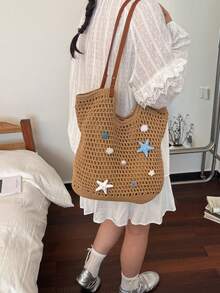 Dedoo 可愛海星貝殼鉤針編織托特包 米色鏤空沙灘單肩包 女款夏季度假手提包 草編包 度假必備 - 卡其色 - 查看 4