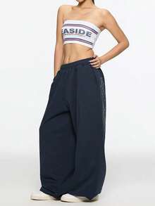 American Style Cuffed Wide Leg Sweatpants With Foil Print, Jazz Dance Pants - Blue - View 2