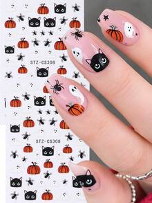 2pcs Cute Halloween Nail Art Stickers, Cartoon Black Cat Pumpkin Ghost Spider Gothic Style Nail Decals, Autumn Nail Decoration DIY Halloween Party Nail Supplies - Multicolor - View 3