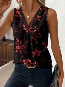 [Free Shipping]Elegant Vintage Floral Print V-Neck Tank Top For Women - Sleeveless, Button Detail, Perfect For Spring/Summer Casual Wear - Mixed - View 3