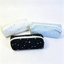 1個星星印花帆布筆袋，大容量拉鍊筆袋，便攜式學生文具收納袋，筆盒，多功能化妝收納袋，適合學校、辦公室日常使用，開學季，學校使用 - 筆袋 - View 8