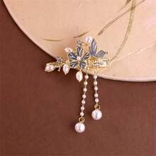 1pc Traditional Style Golden Plated Alloy Camellia Tassel Hair Clip For Women's Daily Wear, Bang Clip Claw Clips Hair Claws Hair Barrettes, School Stuff, Hair Accessories, Head Accessories, Hair Accessories For Women, Hairpin - Blue - View 3