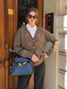 Cardigan Rajut Argyle, Kerah V, Kancing Depan, Lengan Panjang, Trim Bergaris, Cokelat, Sweater Kasual untuk Lapisan Pakaian Musim Gugur dan Musim Dingin dengan Bahan Lembut dan Elastis - Coffee Brown - View 7