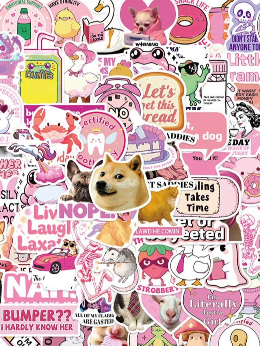 100pcs Funny MEME Stickers, Pink & Green Aesthetic Graffiti Stickers, Anime Gift Decoration, Suitable For Water Bottle, Computer, Laptop, Phone, Luggage, Notebook, Refrigerator And More - Pink - View 1