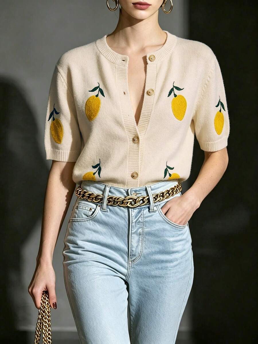 女款圓領檸檬刺繡單鈕扣短袖夏季寬鬆休閒時尚百搭針織開襟衫-日常度假旅行穿搭 - 杏色 - 查看 1