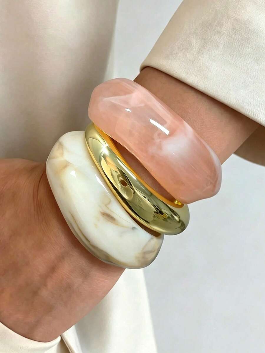 3pcs Vintage Pink & White Wide Women's Bracelet Set, Suitable For Daily Wear, Vacation, Dating And Layering - Pink and White - View 1