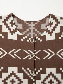 Acelitt Rompi Rajut Kasual Tanpa Lengan Kancing Depan Terbuka Motif Geometris Jacquard Dasar Cokelat untuk Wanita - MultiWarna - View 5