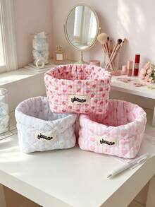 Cute Foam Quilted Desktop Items Storage Bucket Bow&Heart Print Makeup Basket Folding Floral Print Cosmetics Bag Household Sundries Storage Basket - Multicolor - View 1