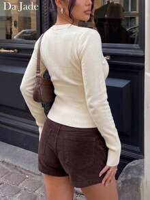 Da Jade Women Elegant Autumn Soft Ribbed Knit Crew Neck Long Sleeve Button Front Slim Fit Cropped Cardigan Daily Commute Brunch Afternoon Tea Casual Top - Apricot - View 2