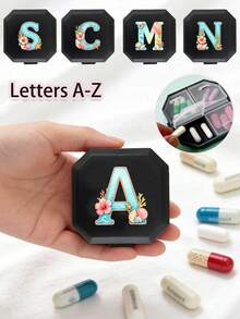 海洋花卉 A-Z 首字母圖案便攜藥盒，便攜醫療急救包，膠囊收納盒，旅行藥盒，收納，旅行迷你藥盒，防潮藥片與維生素容器分裝收納，居家露營，戶外徒步，返校，藥盒，容器，急救包，醫療盒，旅行配件，宿舍必需品收納盒 - 彩色 - 查看 4