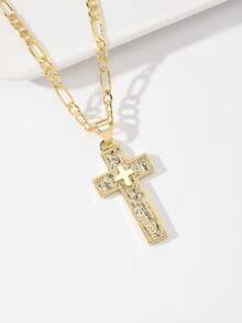 1PC European & American Classic Style Copper Layered Large Vintage Gold Double Cross Guardian Light Limited Edition Pendant Necklace, Suitable For Christmas/Thanksgiving/Halloween/Mother's Day/Valentine's Day Couples/Friends/Fellow Believers Gift, Catholic First Communion, Gift, Daily & Holiday Wear Prayer - Yellow Gold - View 6