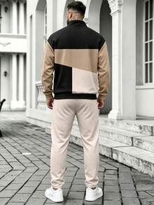 Men's Fashion Los Angeles Colorblock Half-Zip Stand Collar Sweatshirt And Drawstring Waist Pants Set - Multicolor - View 4
