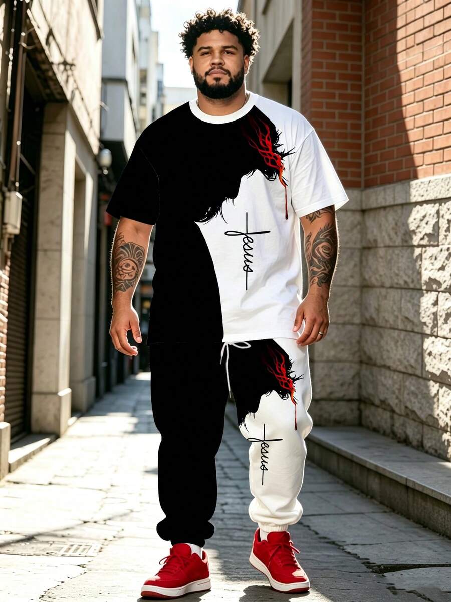 Men's Street Casual Minimalist Series "Black & White Contrast Faith Symbol" Pattern Sports Set - Polyester Knit Fabric, Crew Neck Design, Drawstring Cuffed Pants, Pocket Details, Regular Fit, Suitable For Plus Size - Black - View 1