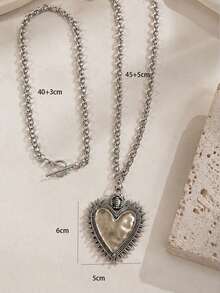 GARMEND 2pcs/Set American Vintage Distressed Silver Double Layer Stacked Necklace With Spiked Crown Heart Pendant, OT Clasp Punk Hip-Hop Personalized Neck Chain Accessory - Silver - View 6